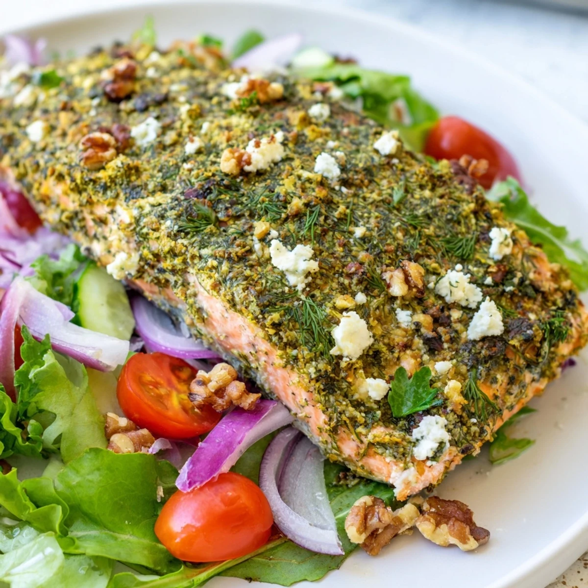 Perfect for a light meal, warm herb-crusted salmon salad on a bed of fresh greens awaits.
