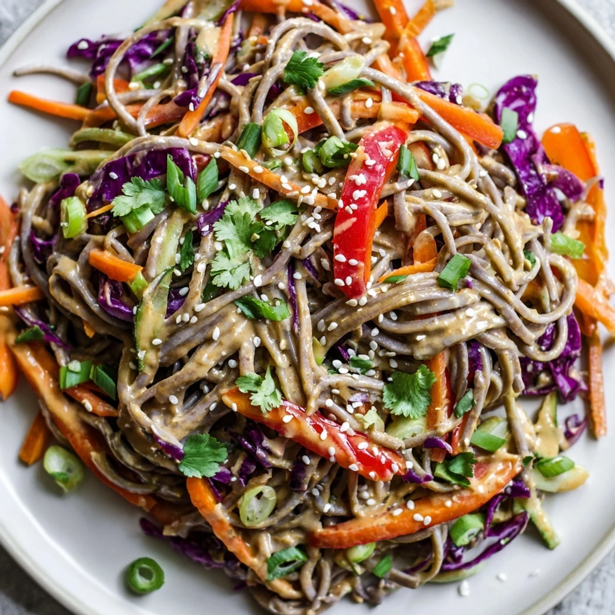 Vibrant soba noodle salad tossed with colorful veggies, sesame dressing, and fresh cilantro, is ready.