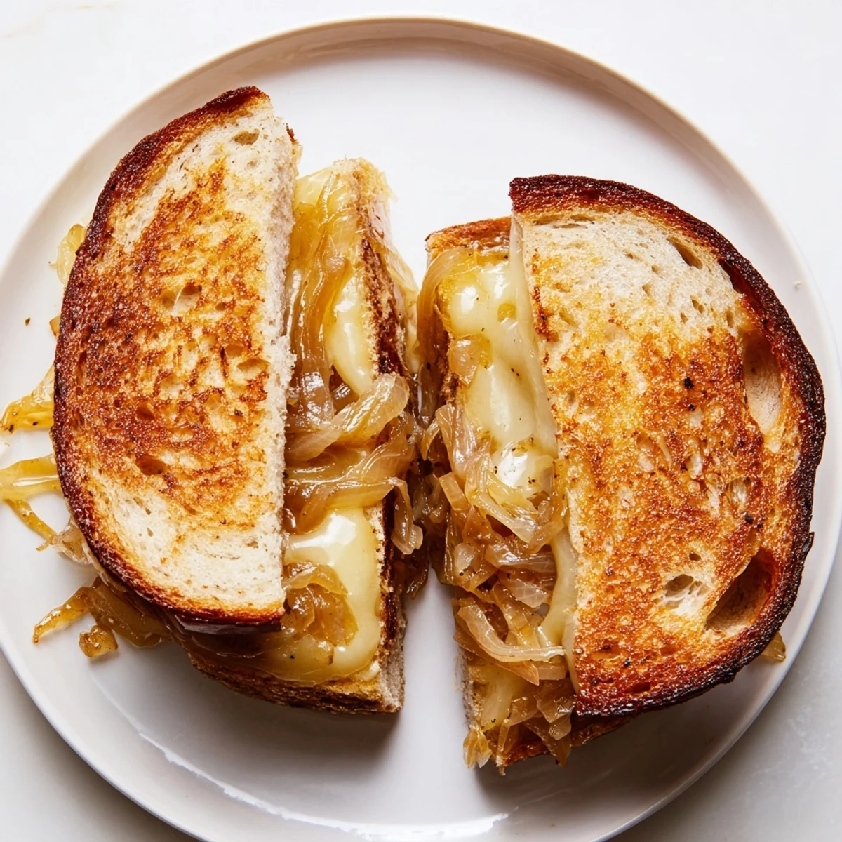 Golden, bubbly Caramelized Onion and Gruyère Grilled Cheese, oozing with melted Gruyère.