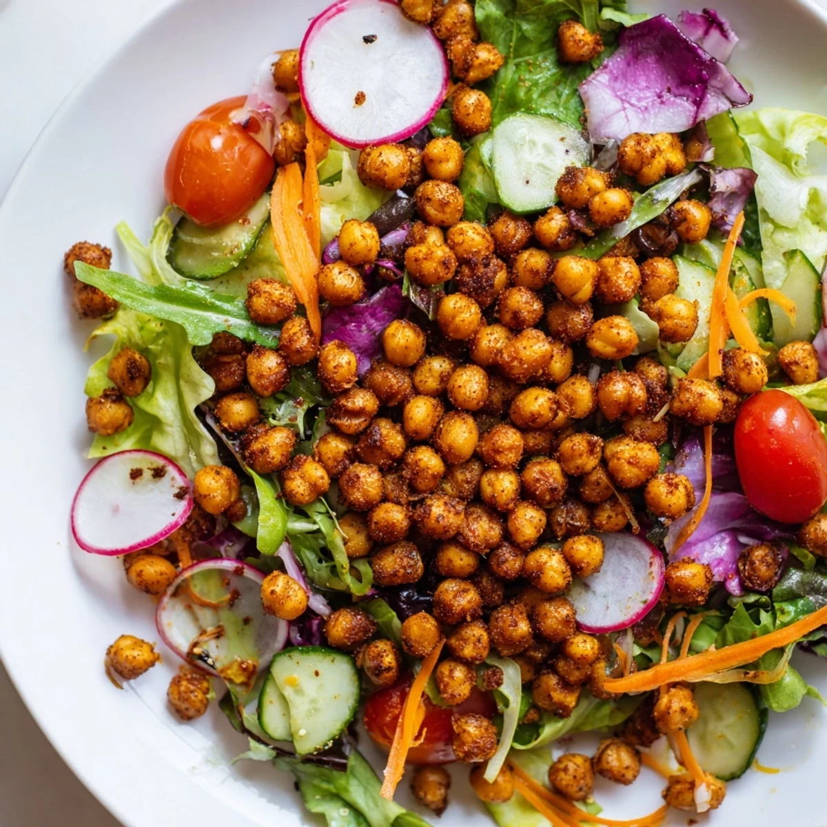 Fresh Mixed Greens Salad with Crispy Chickpea Croutons: a colorful, healthy vegan salad ready to eat.