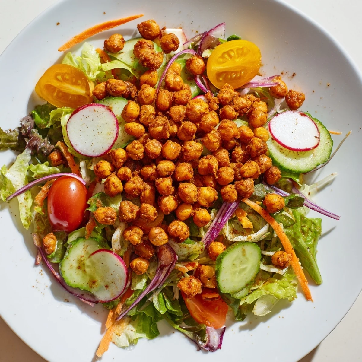 Close-up of a flavorful Mixed Greens Salad, loaded with chickpeas, a vegan-friendly and gluten-free dish.