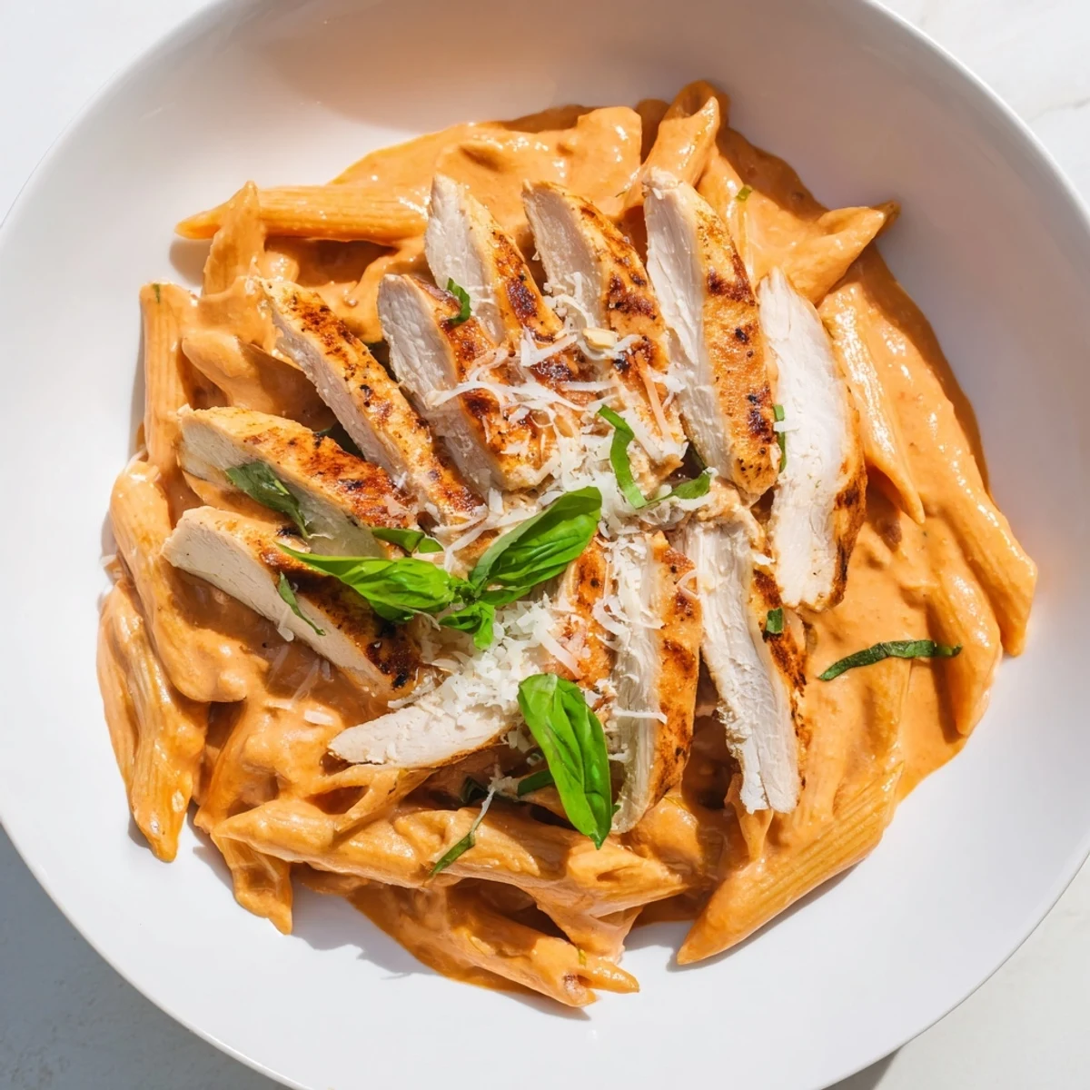 Creamy Tomato Basil Chicken Pasta with fresh basil garnish, a vibrant and comforting Italian-American dish.