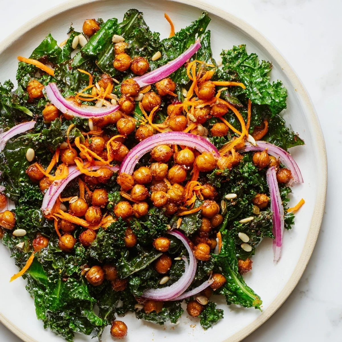 Vibrant kale salad with crispy roasted chickpeas, a healthy and flavorful vegan lunch option.