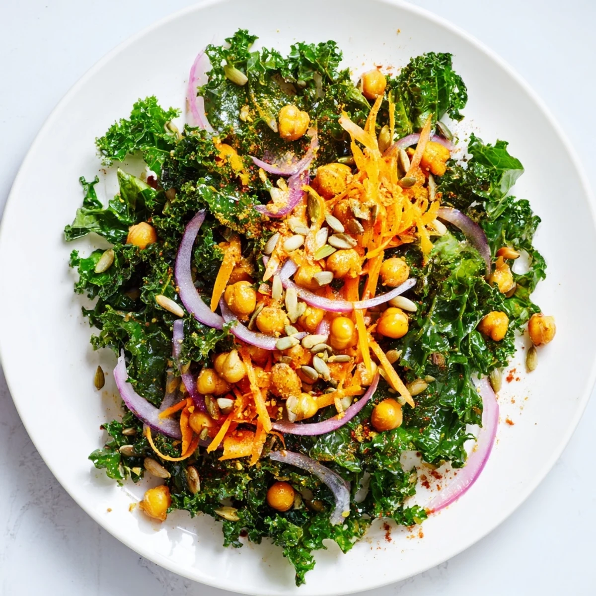 Close-up of a colorful kale salad, featuring roasted chickpeas with a zesty lemon dressing.