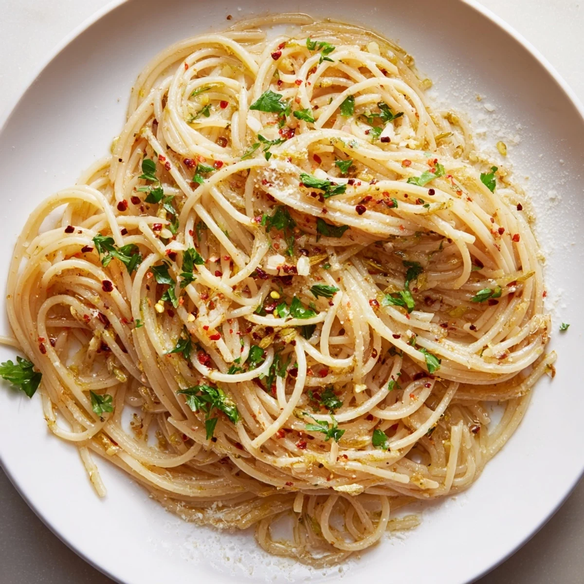 Close-up of Aglio e Olio Express Pasta; fragrant, tossed spaghetti with parsley, ready to eat.