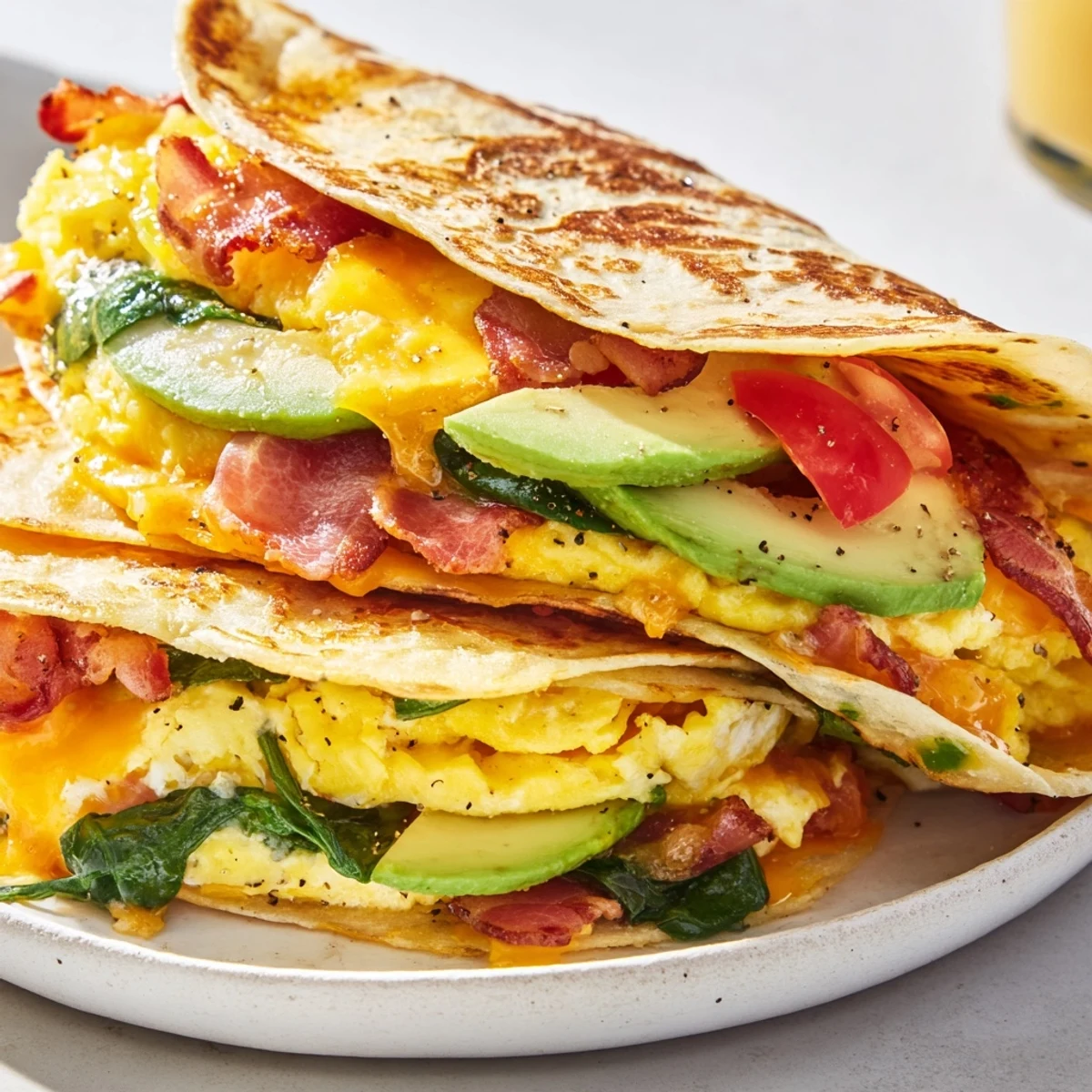 Golden and crispy, a delicious Crispy Breakfast Wrap is ready to be sliced, filled with savory bacon.