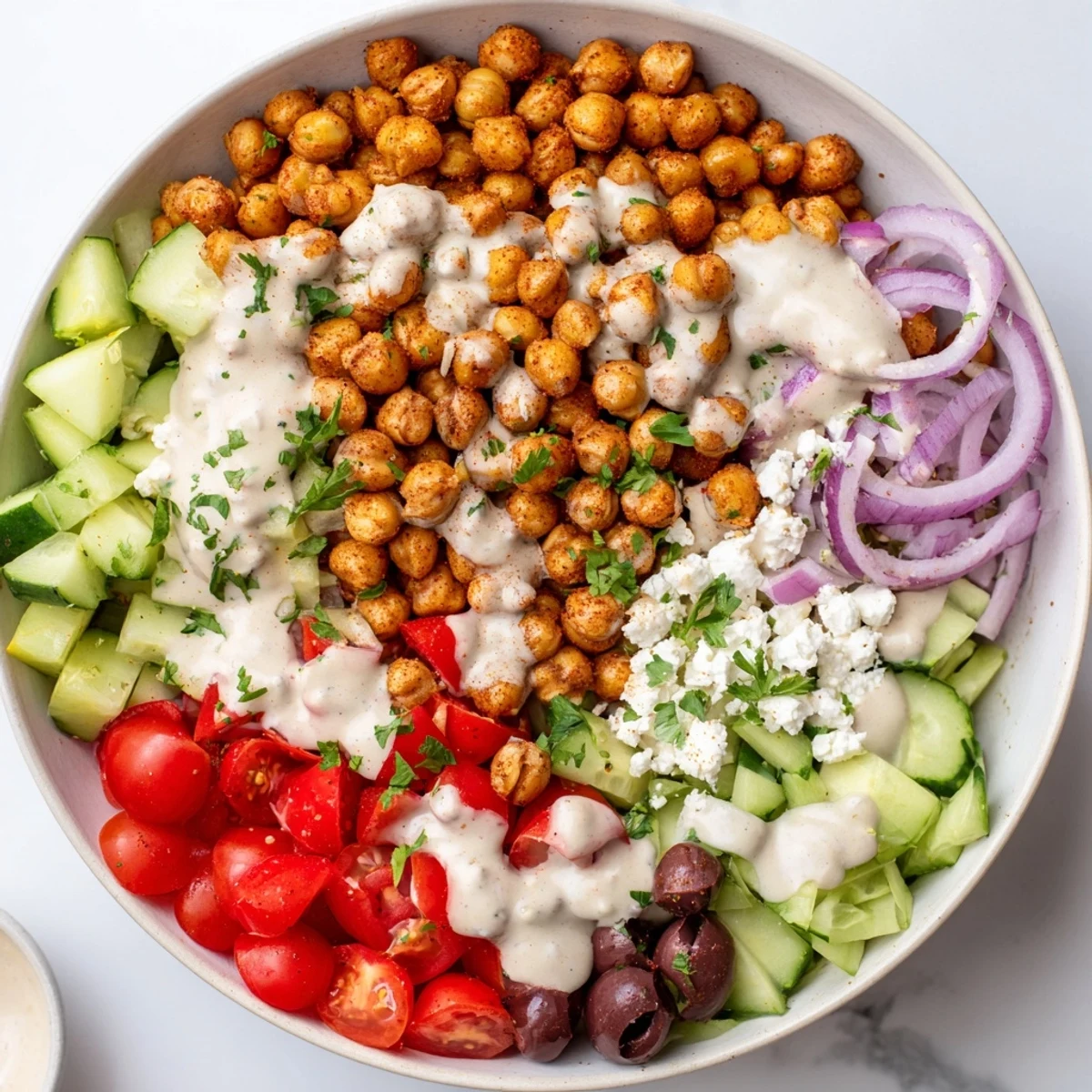 Mediterranean Chickpea Bowl bursting with color: chickpeas, vegetables, and creamy tahini dressing.