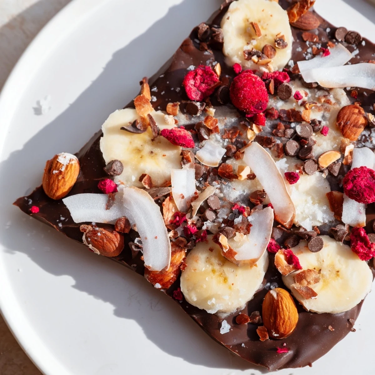 Enjoy a refreshing bite of chocolate banana bark, featuring a sweet, frozen treat.
