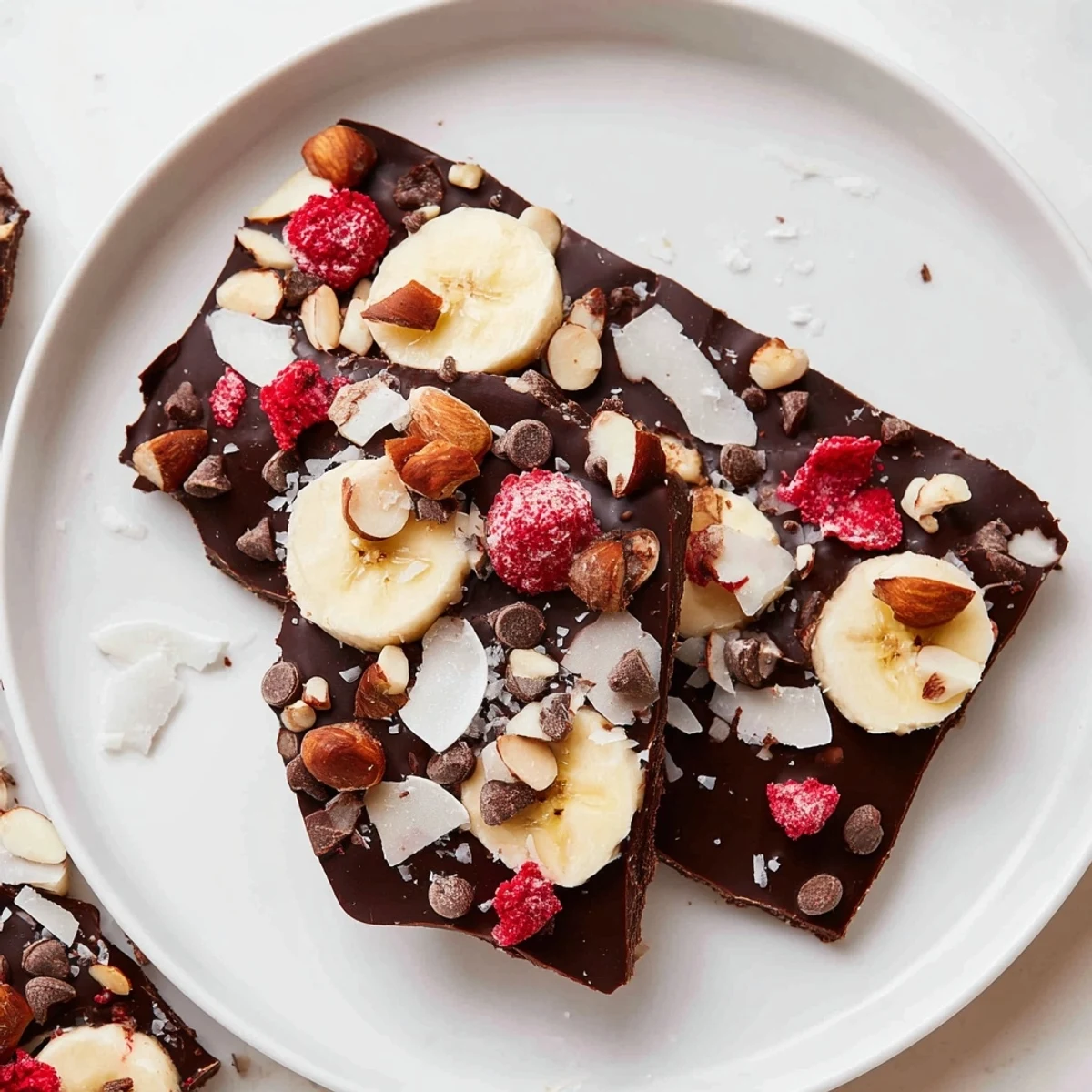 Frozen Chocolate Banana Bark with a decadent chocolate layer and crunchy toppings.