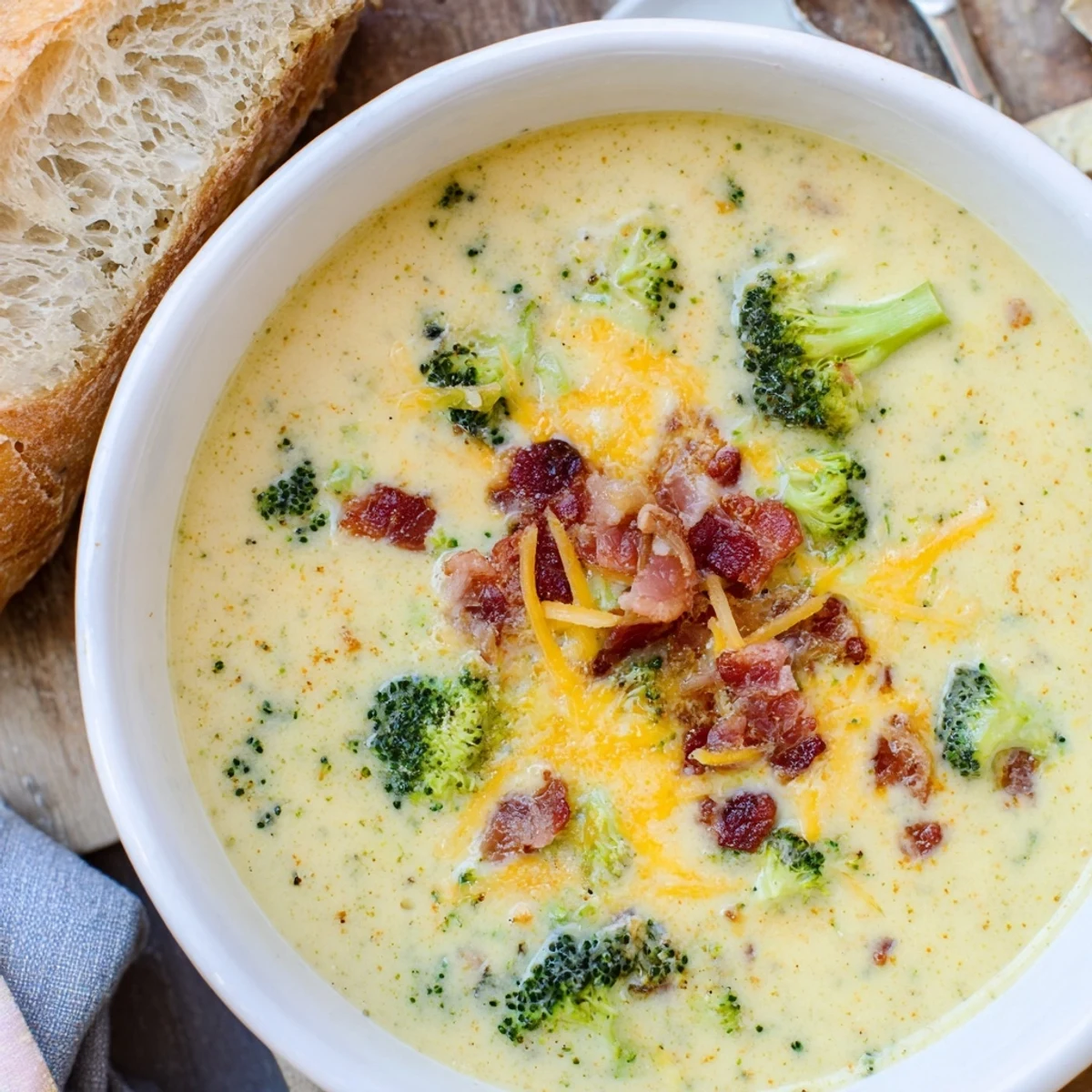 Smooth, vibrant broccoli cheddar soup with melted cheese, perfect for a cozy, comforting lunch.
