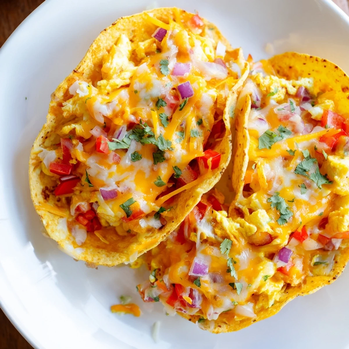 Golden, bubbly Sheet Pan Breakfast Tacos loaded with melted cheese and fresh, vibrant toppings.