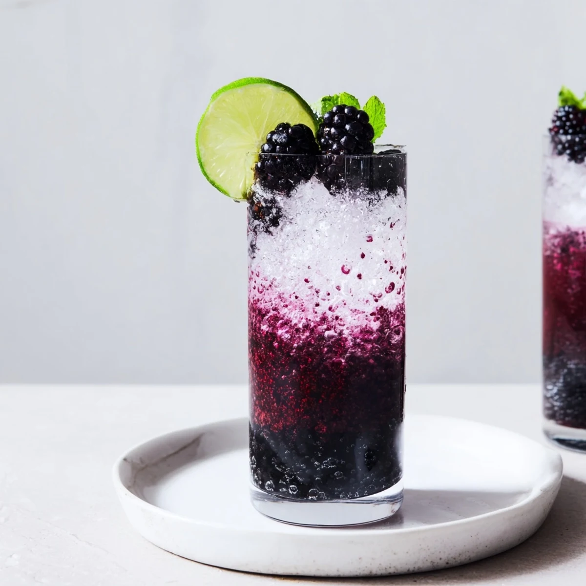 A chilled Dark Matter Mocktail beautifully layered, offering a fizzy, inky black drink with blackberry syrup.