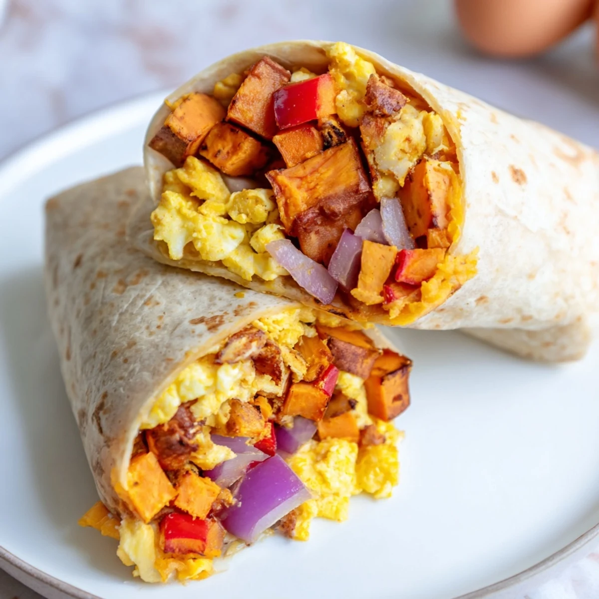 A close-up of a delicious Sweet Potato Breakfast Burrito, perfect for a grab-and-go breakfast.