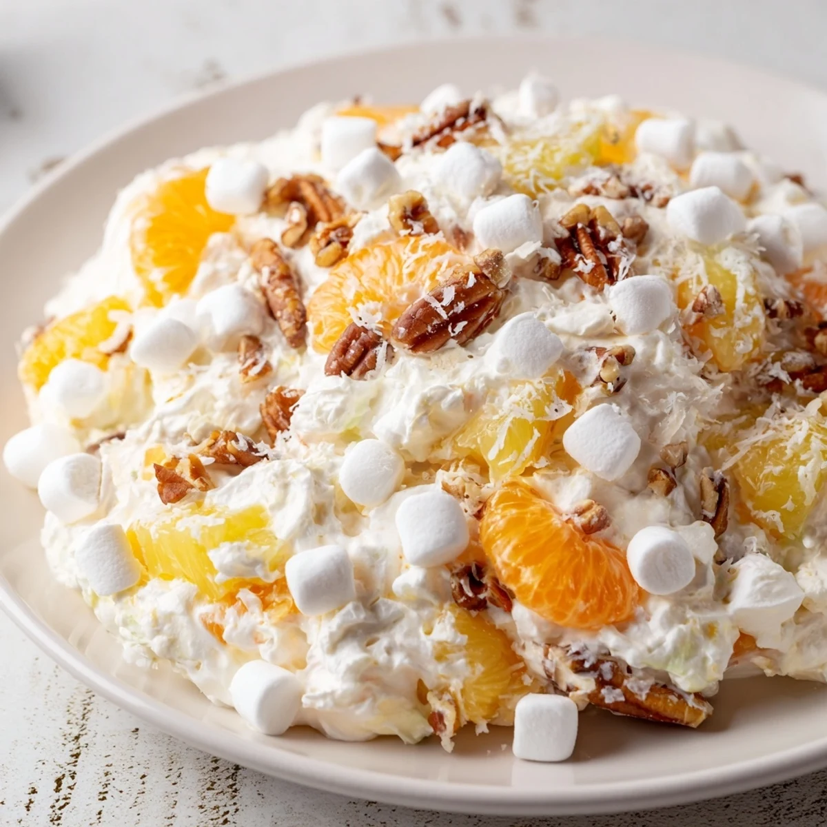 Close-up of a refreshing Elevated Ambrosia Salad, with whipped cream, ready for a taste.