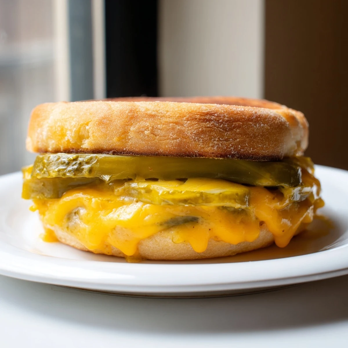 Close-up of a crispy Pickle Bread Sandwich: melted cheese hugging tangy pickles, ready to eat.