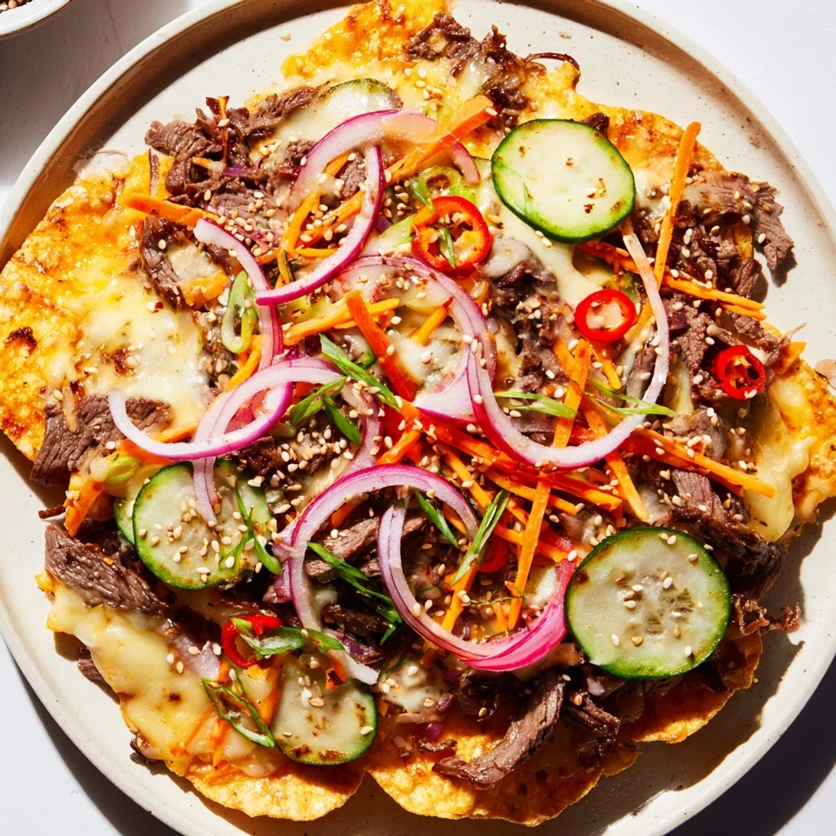 Golden, bubbly Korean BBQ nachos featuring tender beef and crunchy veggies, perfect for sharing.