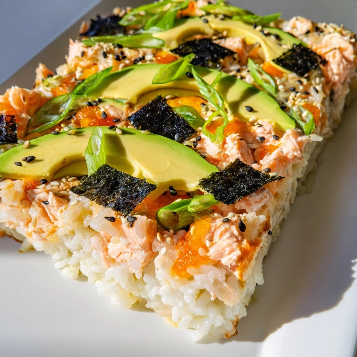 Warm, bubbly Sushi Bake Casserole, topped with avocado and sesame seeds, ready to serve with soy sauce.