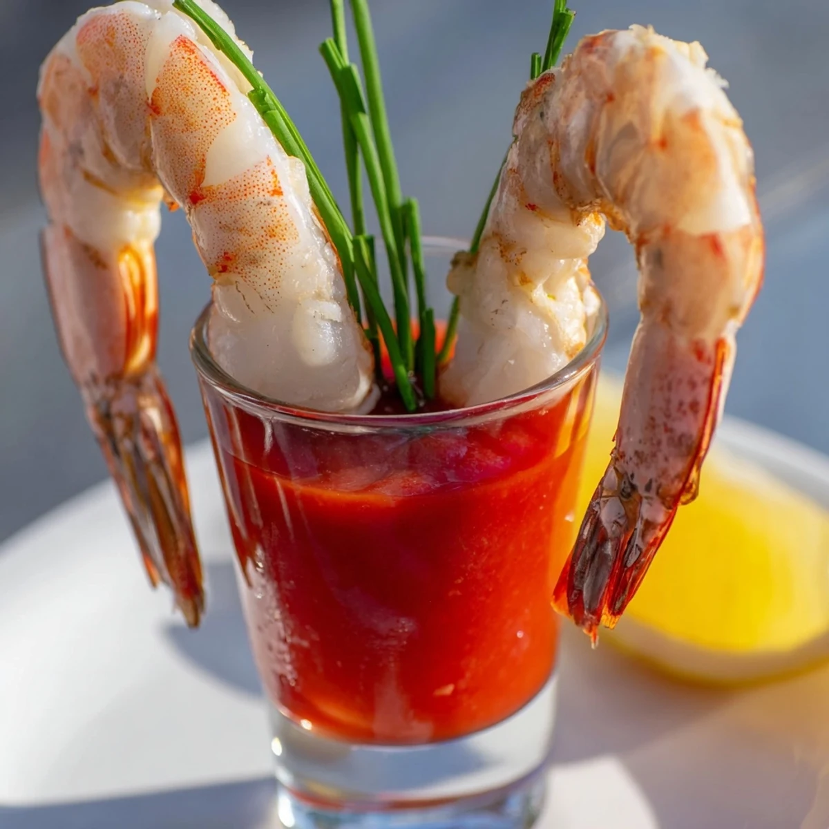 Elegant Retro Prawn Cocktail Shooters with succulent shrimp tails, ready to grab and enjoy.