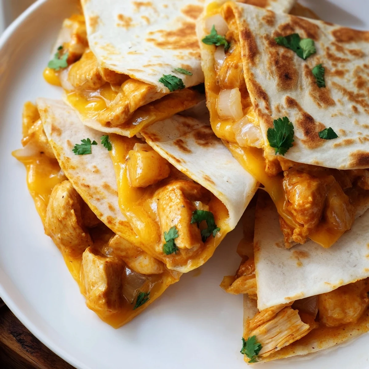Melted cheese spills from crispy Butter Chicken Quesadillas, a delightful fusion of Indian and Mexican food.