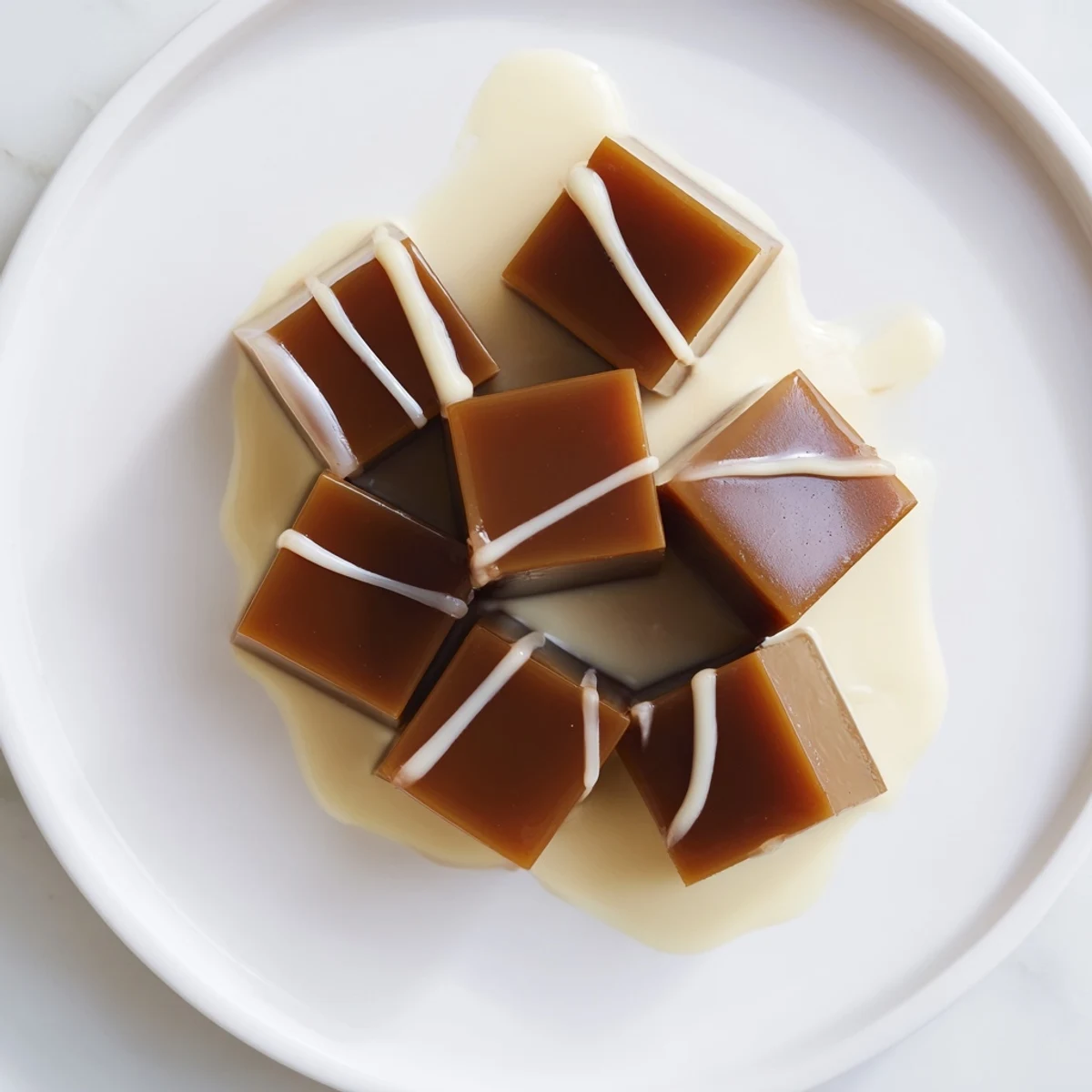Refreshing coffee jelly cubes shimmering against sweet cream, making an elegant dessert treat.