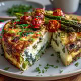 Vibrant spring veggie frittata with asparagus and goat cheese, golden and fluffy, baked to perfection in a cast-iron skillet.