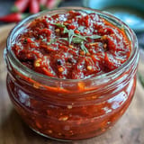 Vibrant homemade hot sauce with bright red peppers, garlic, and shallot, ready to spice up tacos and eggs.  
