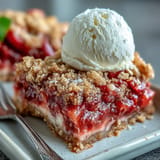 Sweet and tangy Strawberry Rhubarb Crumble Bars baked to golden perfection, with buttery crumble layers.  