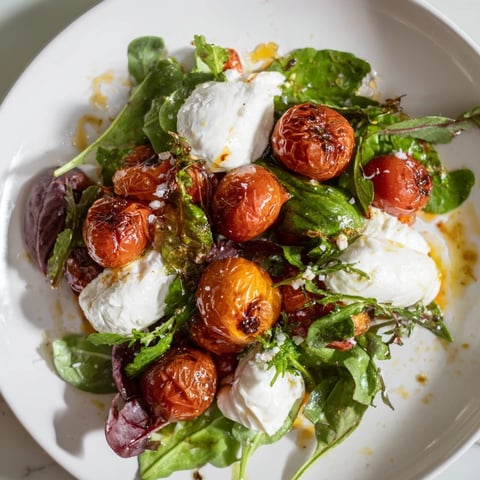Charred Tomato Salad with Burrata: Juicy, blistered tomatoes sit atop creamy burrata and fresh greens.