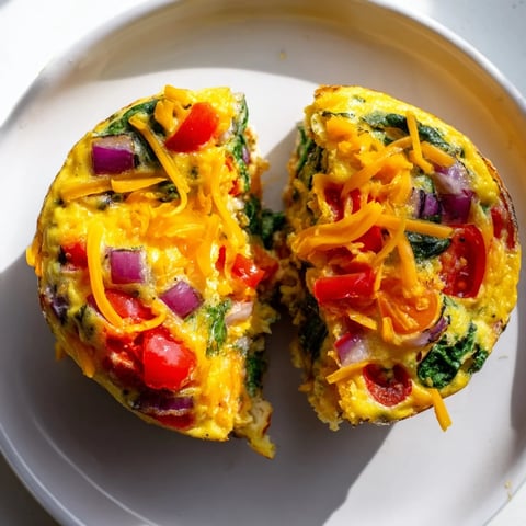 Golden-brown Customizable Egg Muffins, fluffy and speckled with colorful vegetables and melted cheddar.