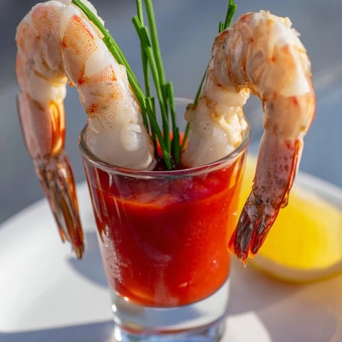 Elegant Retro Prawn Cocktail Shooters with succulent shrimp tails, ready to grab and enjoy.
