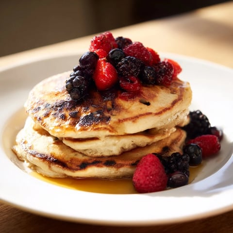 Fluffy brown banana pancakes, golden brown and ready to be topped with fresh berries and syrup.