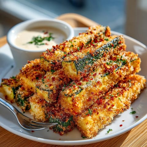 Baked Parmesan Zucchini Fries arranged on a plate beside a tangy homemade garlic dipping sauce.