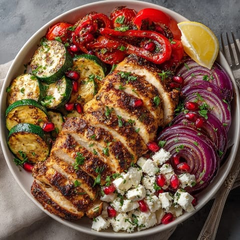 Colorful One-Pan Chicken Feta Pomegranate served hot, topped with juicy pomegranate seeds and crumbled feta cheese.