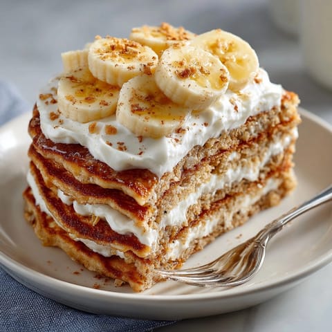 Golden banana oat pancakes served warm with rich maple yogurt and fresh fruit garnish.