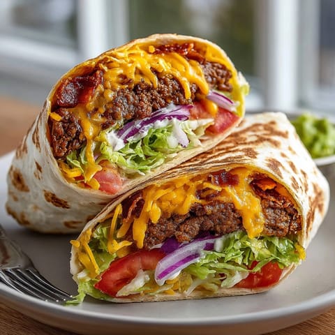 Close-up view of a freshly prepared Pickle-Stuffed Bacon Cheeseburger Wrap, cut open to show layers.