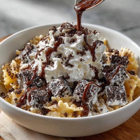 Rich chocolate Chaos Cake Oreo Crumb Pasta Dessert, showcasing a layered concoction of different sweetnesses.