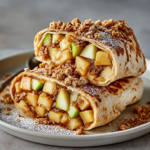 A close-up view of sweet Apple Pie Crumble Wraps, showing a perfectly crisp tortilla.