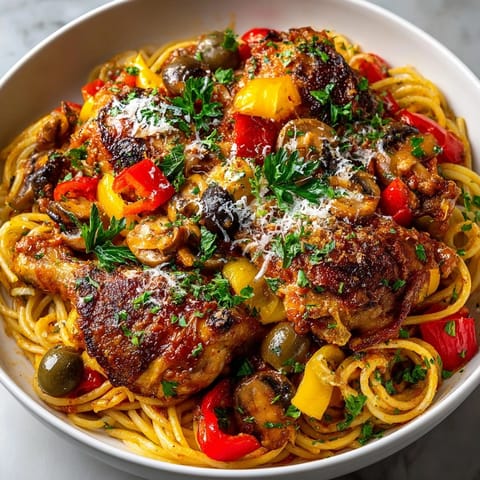 A close-up image of Chicken Cacciatore, its savory sauce glistening atop spaghetti noodles.