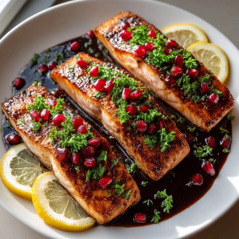 Oven-baked Pomegranate Balsamic Glazed Salmon served on a platter with lemon wedges and vibrant arils.