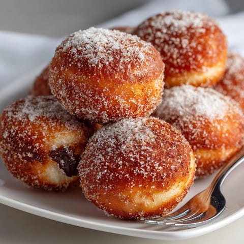 Close-up of warm air fryer Nutella donuts with a crisp sugar crust and creamy filling inside.