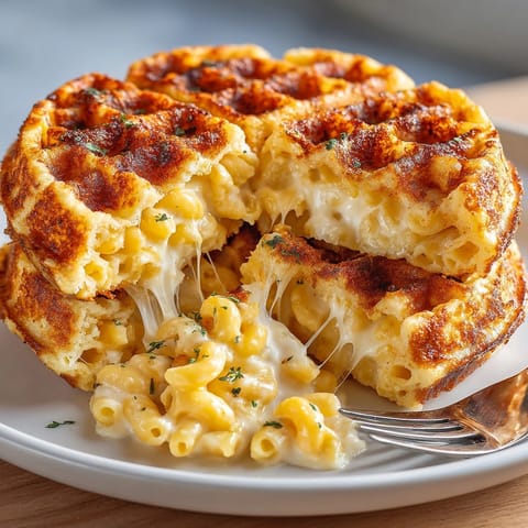 Close-up of golden mac and cheese stuffed waffles, fresh from the waffle iron, perfect for brunch.