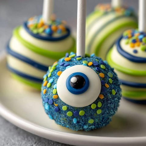 A tray of colorful Monster Eye Cake Pops ready for a spooky Halloween treat.