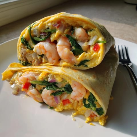 Quick and tasty Shrimp &amp; Spinach Breakfast Burritos, toasted goldenbrown--ready to serve with salsa.