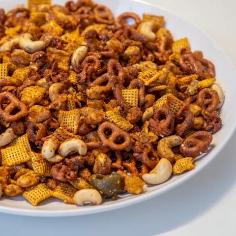 Flavorful Spicy Jalapeño Holiday Snack Mix, perfect for gifting and seasonal parties.  