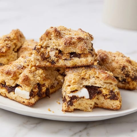 Flaky s'mores biscuit scones, golden and crisp, drizzled with melted chocolate and sprinkled with crumbs.  