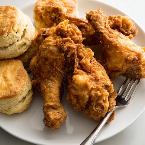 Juicy fried chicken pieces topped with golden, buttery biscuits and fresh herbs.  