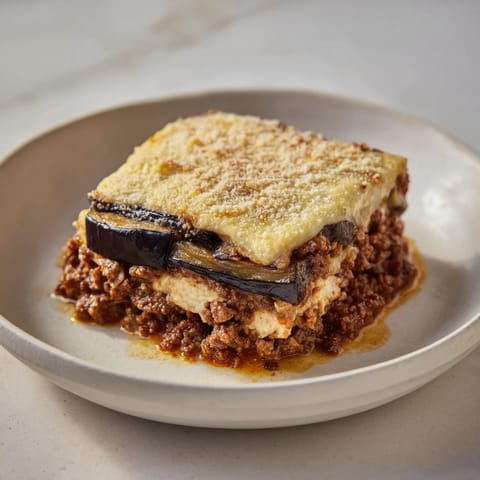 A bubbling baking dish showcasing homemade Moussaka, a hearty Greek casserole with fragrant spices.
