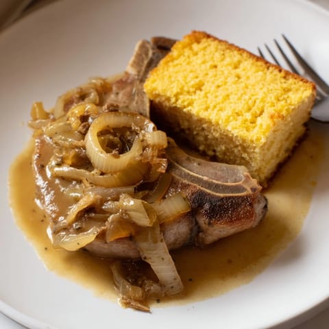 Golden, baked cornbread and juicy smothered pork chops, a comforting Southern-style dinner.