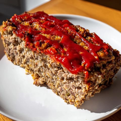 A steaming, homestyle Stove Top Stuffing Meatloaf, topped with ketchup, promising delicious comfort food.