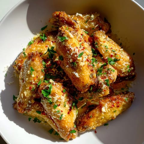 Close-up of air fried Air Fryer Garlic-Parmesan Chicken Wings, coated in melted garlic butter.